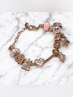 Pandora like Pink Bead and Charm Bracelet with Gold-Tone Accents